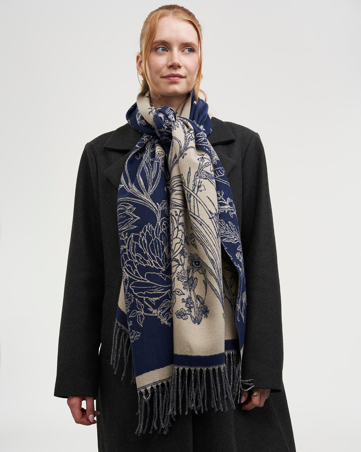 Midnight Garden Long Jacquard Scarf in Navy