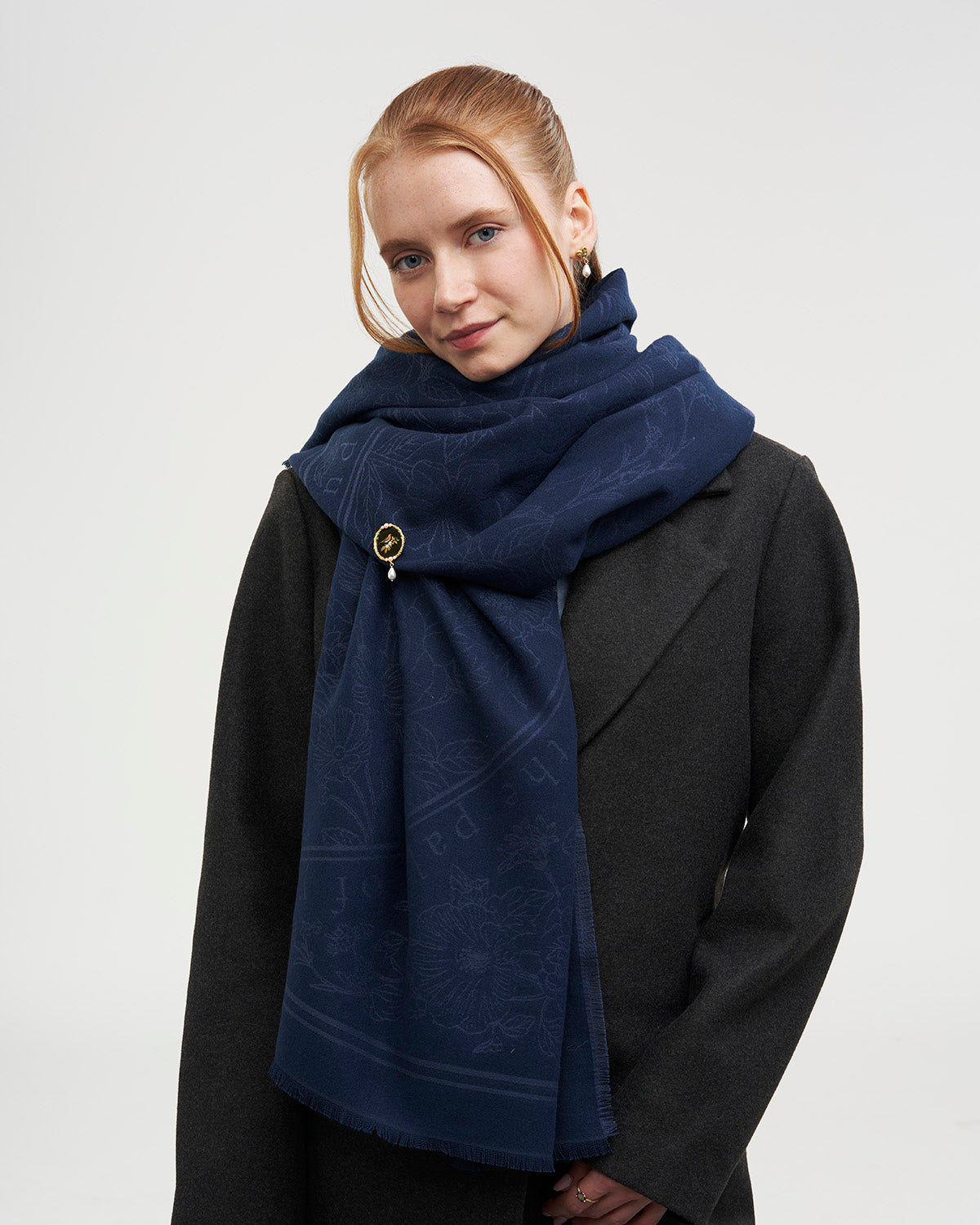 Butterfly Large Square Jacquard Scarf in Navy