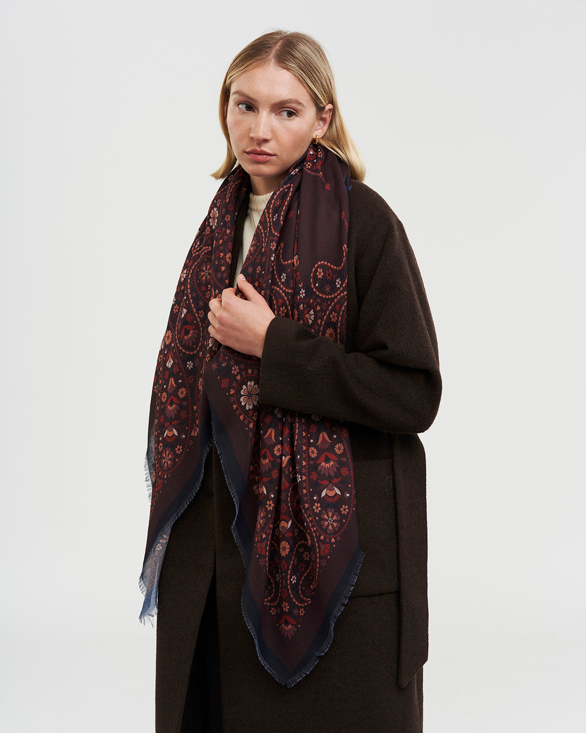 Eve Paisley Large Square Pashmina Scarf in Chocolate