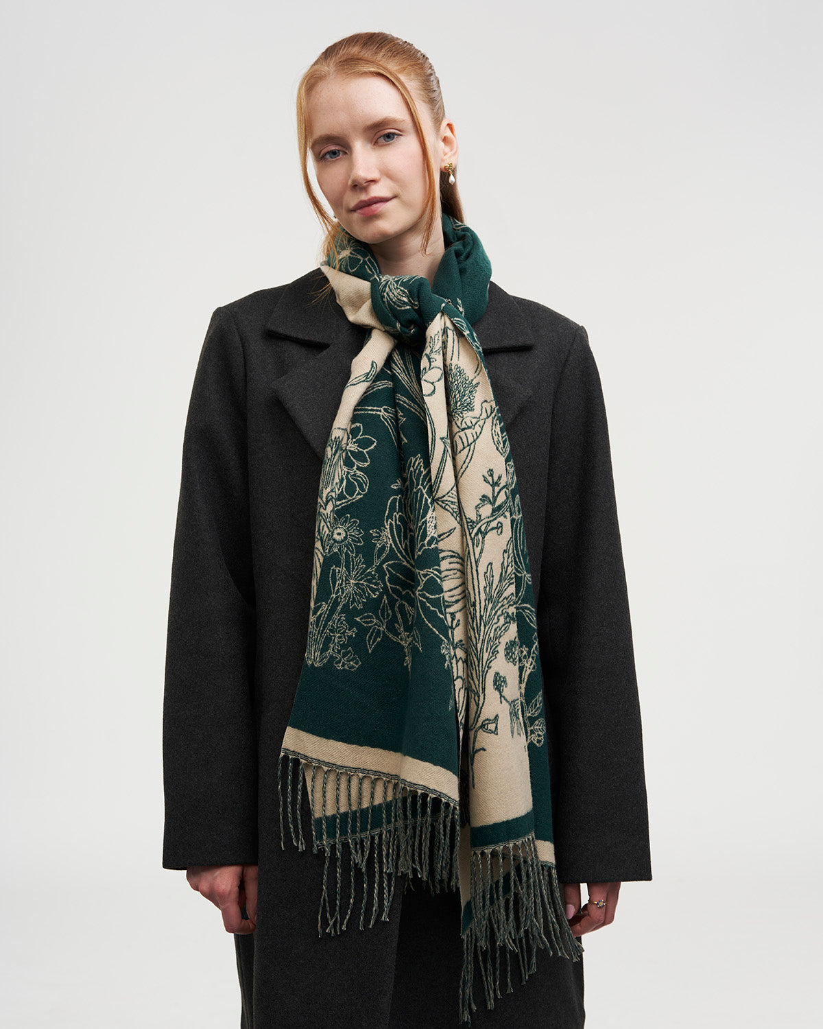 Midnight Garden Long Jacquard Scarf in Green