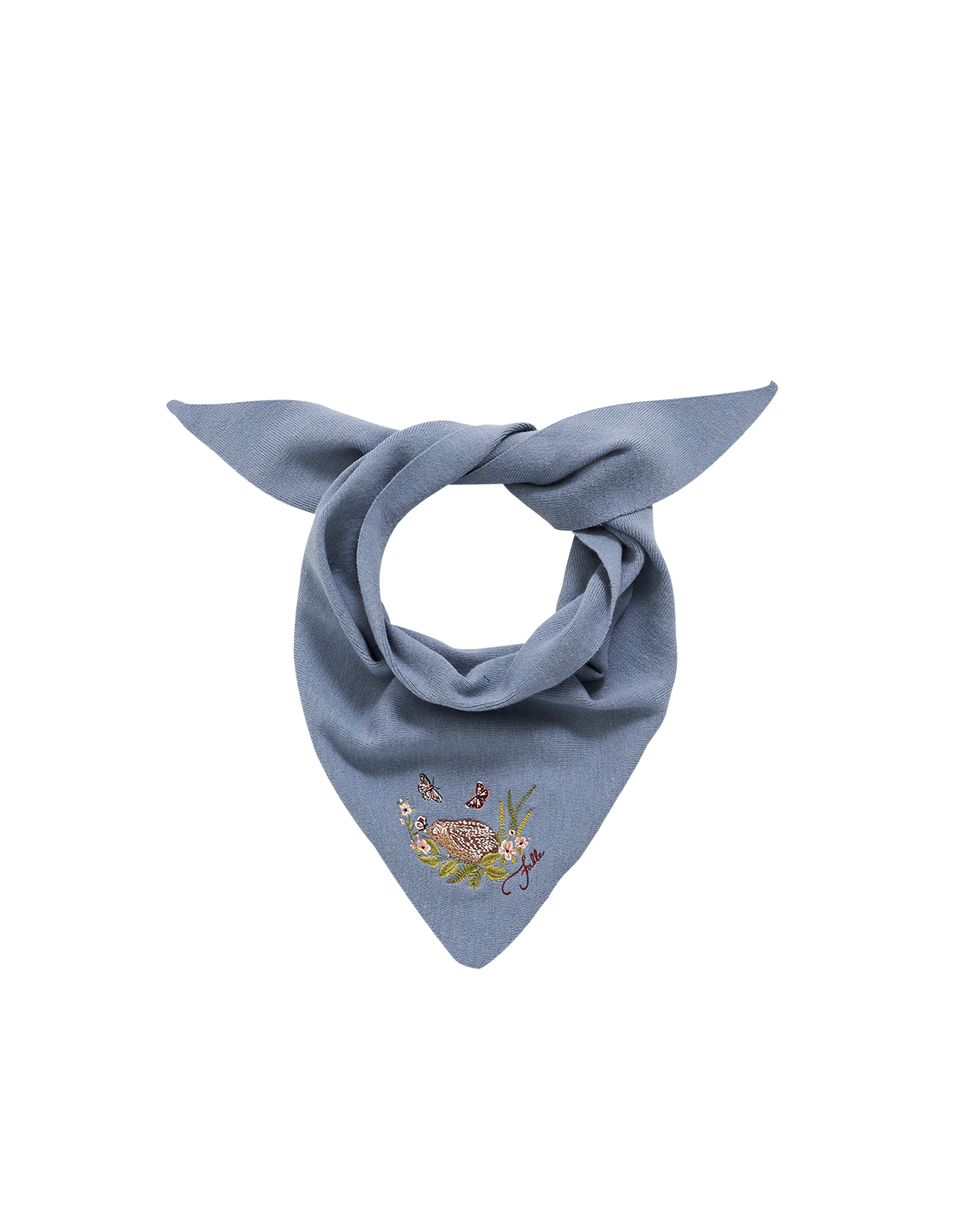 Hedgehog Embroidered Knitted Triangle Scarf in Blue