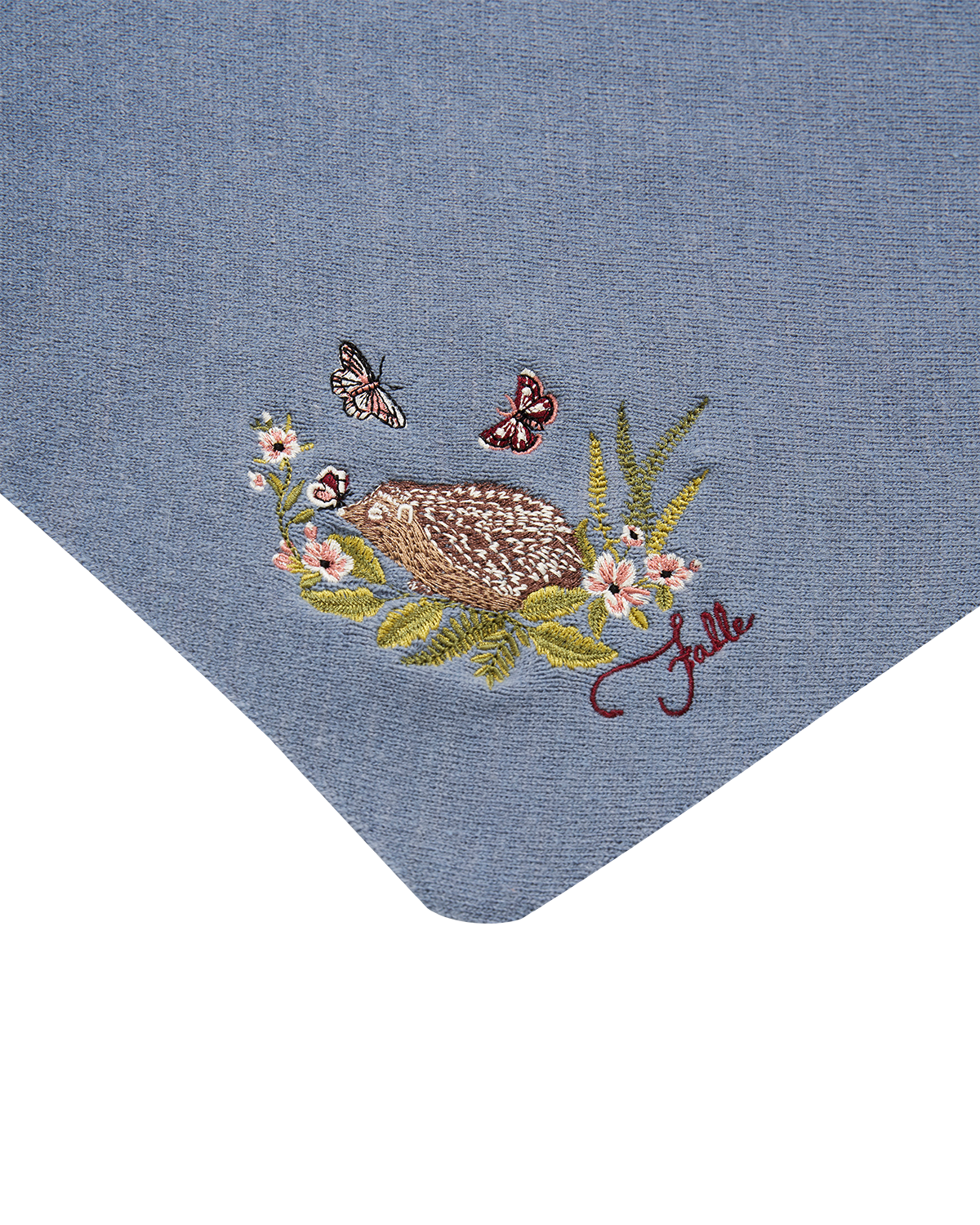 Hedgehog Embroidered Knitted Triangle Scarf in Blue