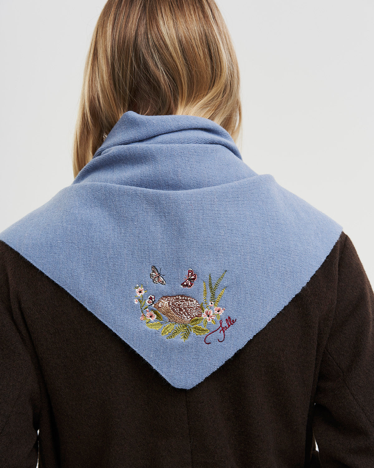 Hedgehog Embroidered Knitted Triangle Scarf in Blue