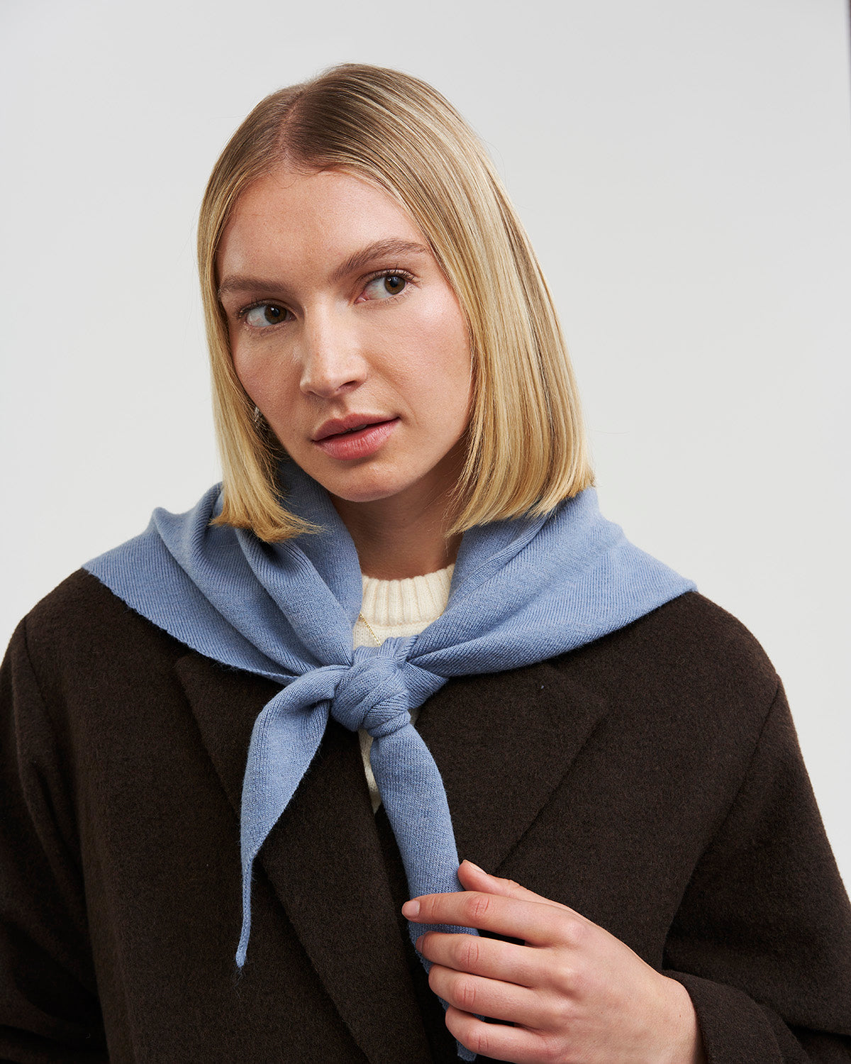 Hedgehog Embroidered Knitted Triangle Scarf in Blue