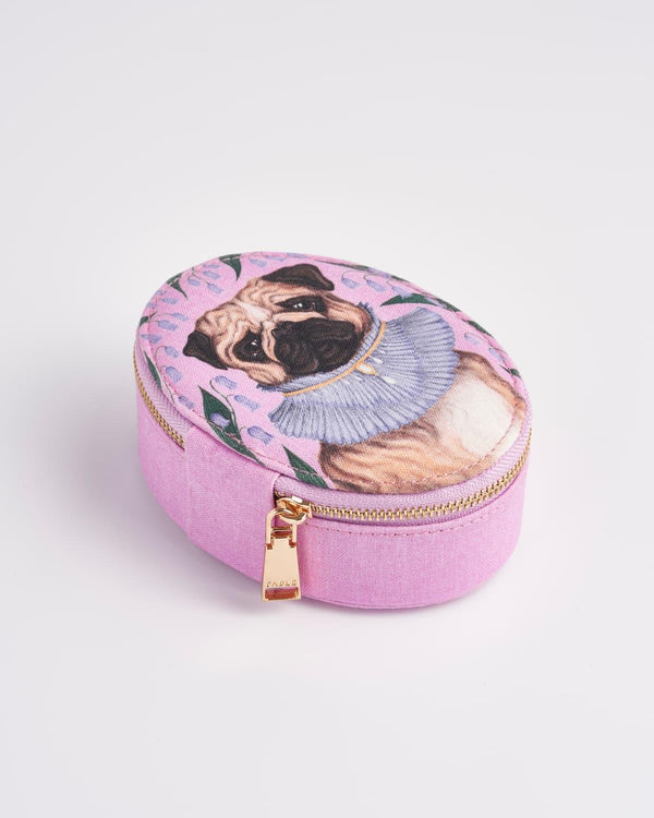 Catherine Rowe Pet Portraits Pug Pink Oval Jewellery Box