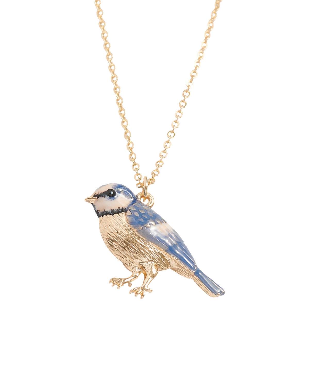 gold chain necklace with enamel blue tit pendant