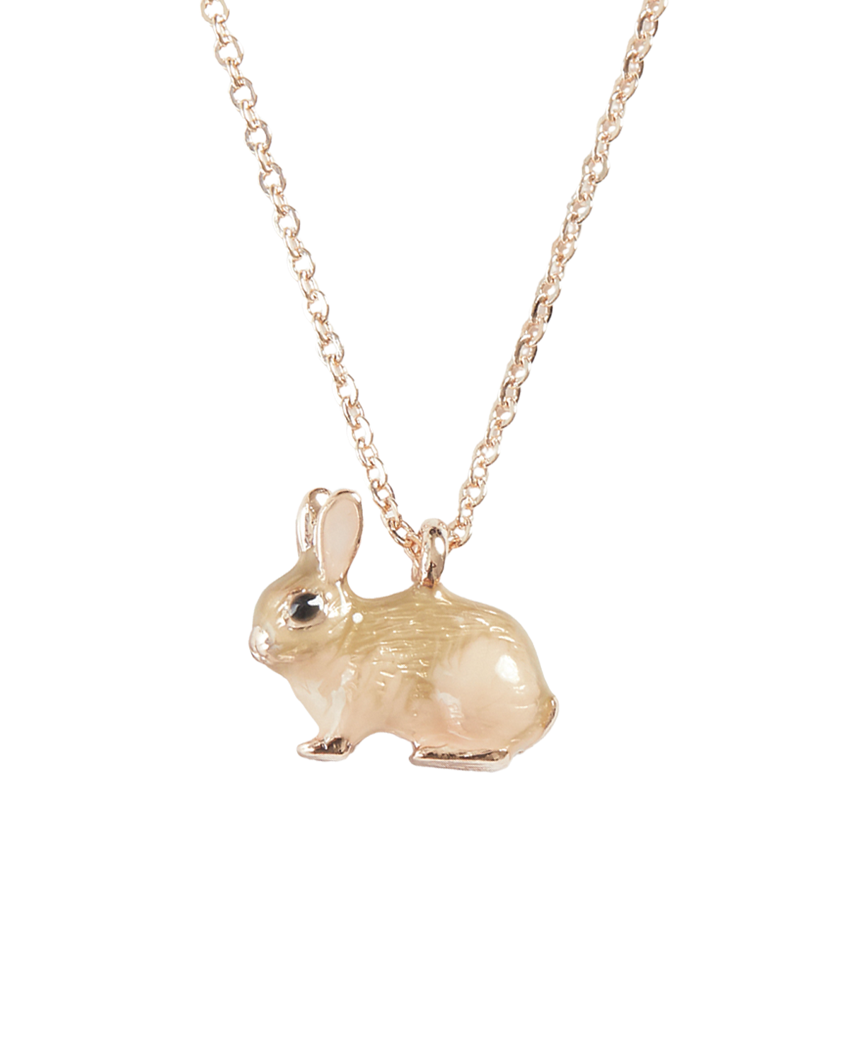 Gold rabbit pendant on a chain against a white background