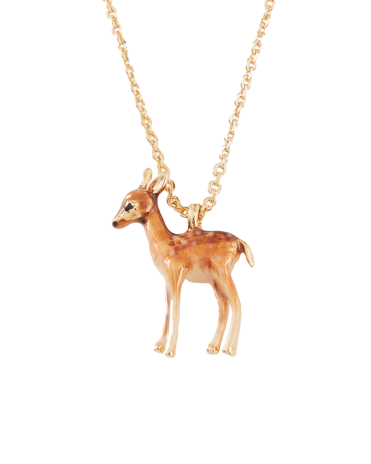 Deer-shaped pendant on a gold chain against a white background