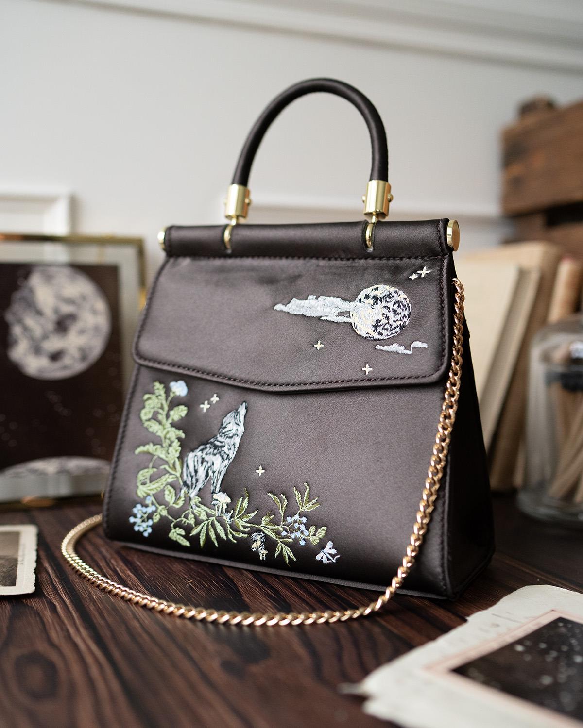 Wolf & Moon Embroidered Charcoal Satin Tote | Fable England