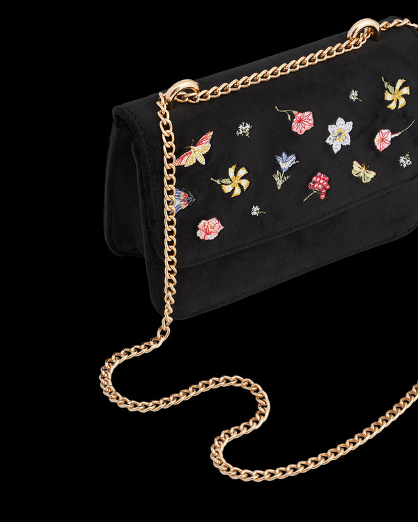 Floral Ditsy Embroidered Black Velvet Bag