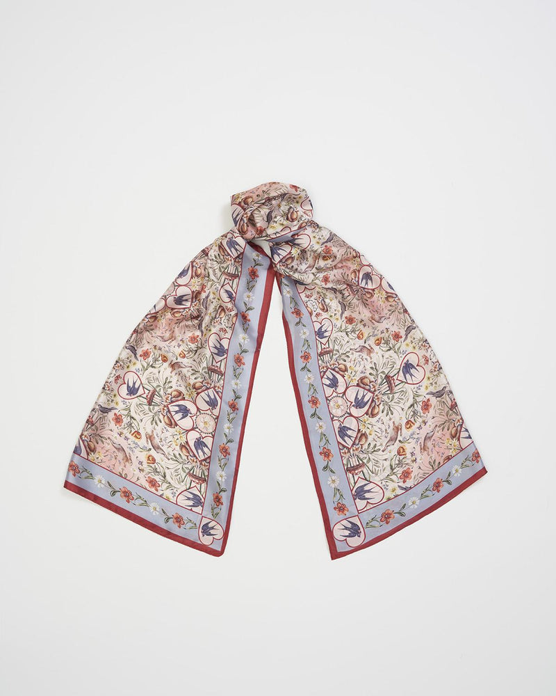 Floral wildlife printed silky rectangle scarf with hearts and swallows and bunny rabbits.
