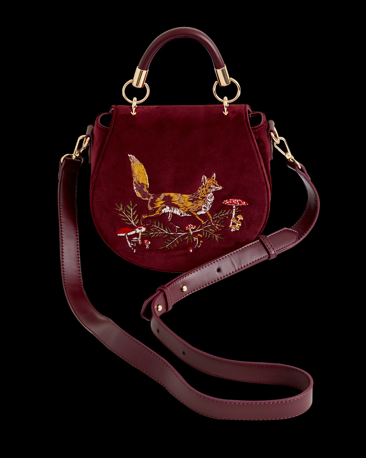 Fox & Mushroom Embroidered Saddle Bag - Redcurrant Velvet