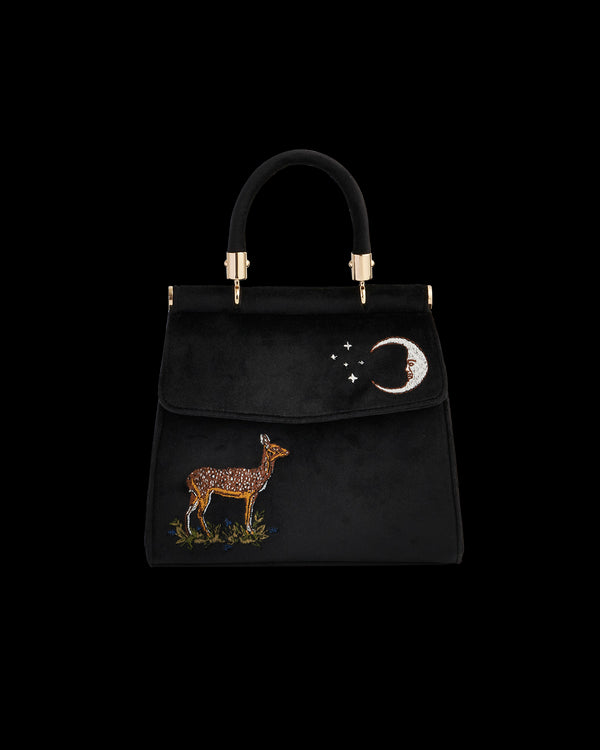 Deer & Moon Embroidered Black Velvet Tote