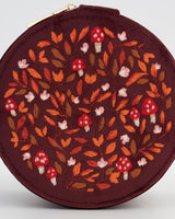 Magical Mushroom Embroidered Burgundy Velvet Round Jewellery Box