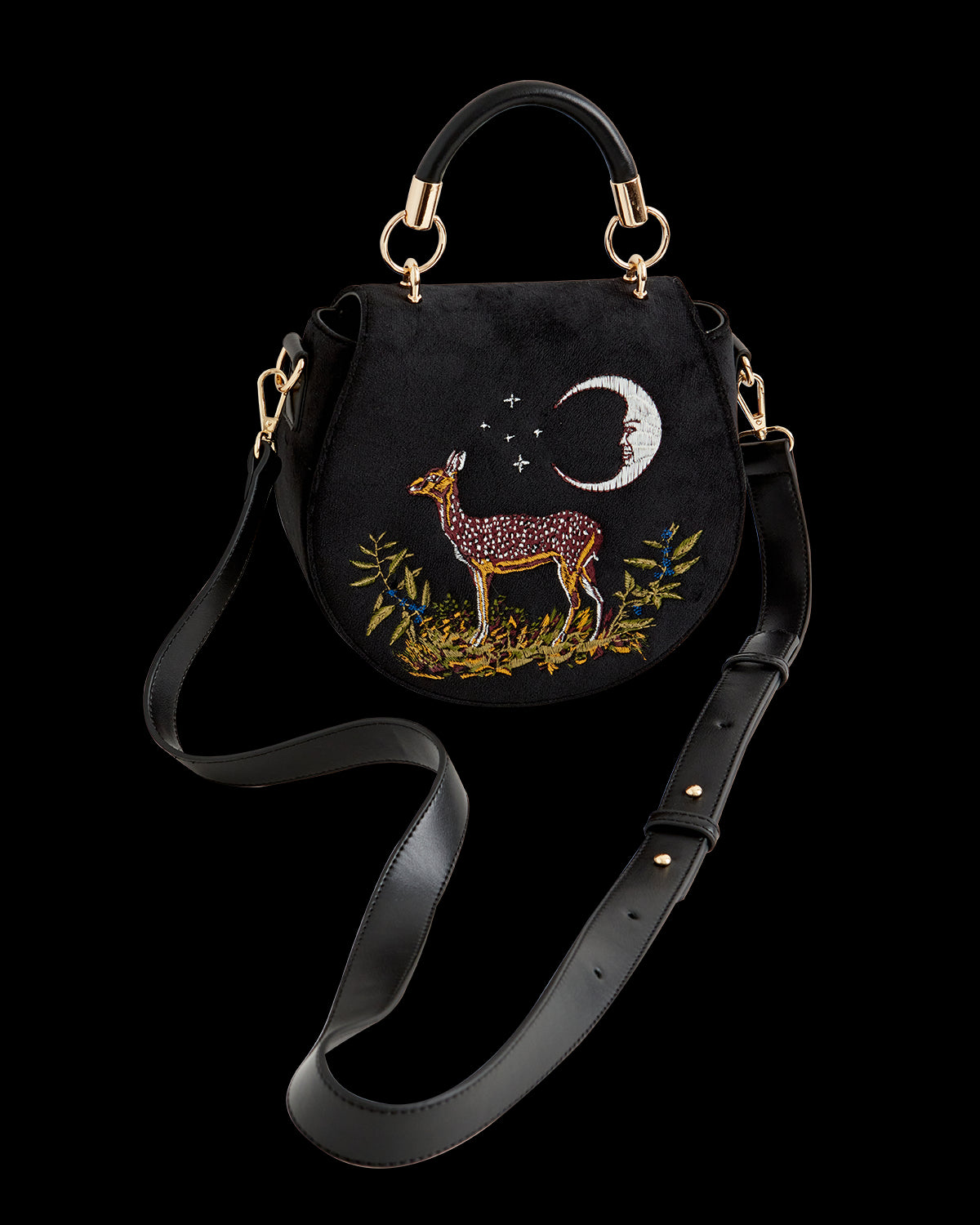 Deer & Moon Embroidered Saddle Bag Black Velvet