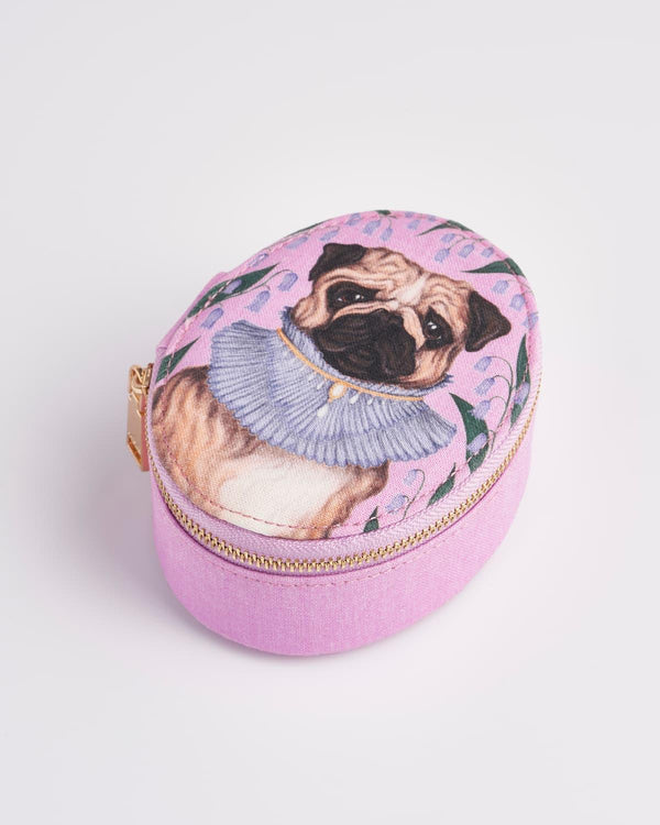 Catherine Rowe Pet Portraits Pug Pink Oval Jewellery Box