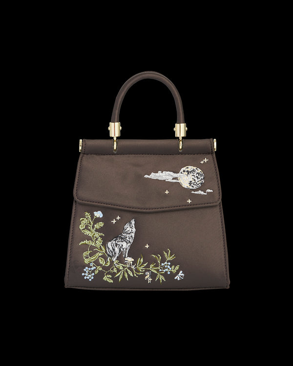 Wolf & Moon Embroidered Charcoal Satin Tote