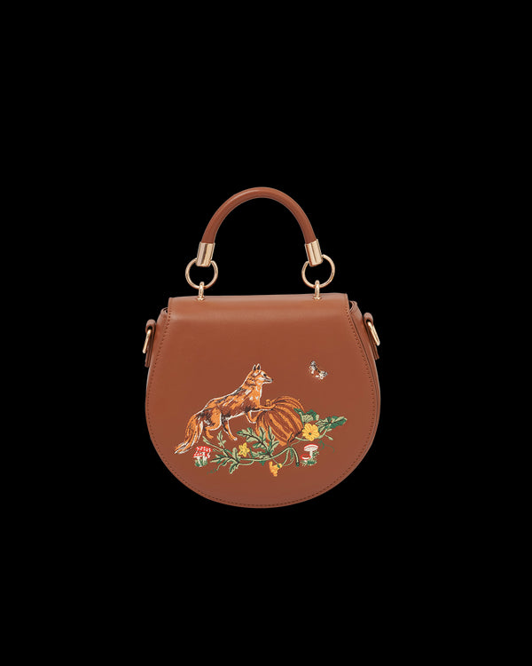 Fox & Pumpkin Embroidered Tan Saddle Bag