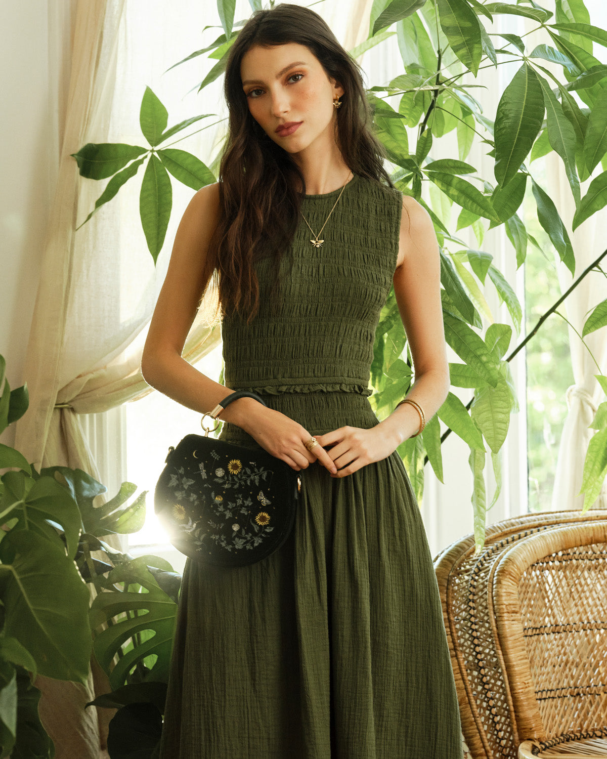 gifts for family enamel bee necklace and embroidered floral saddle bag