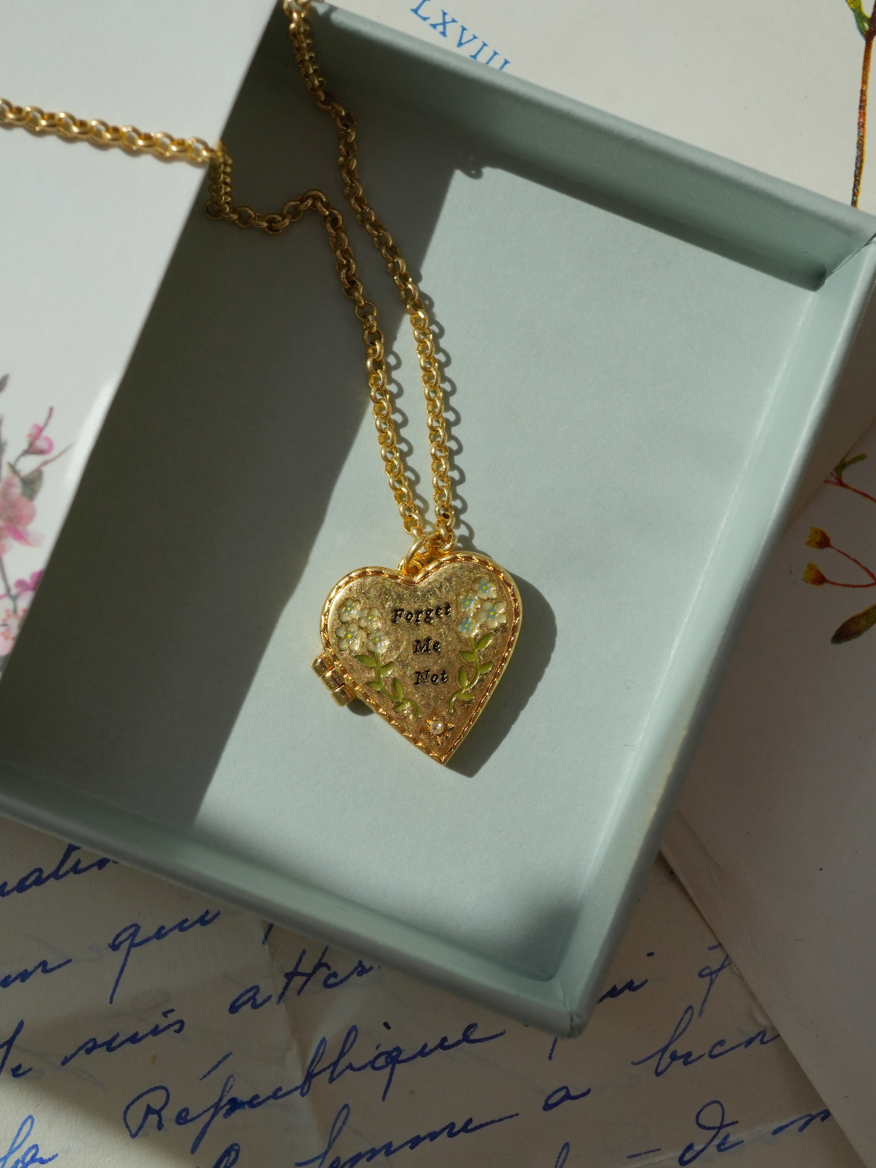 Gold Forget Me Not Heart Locket Necklace