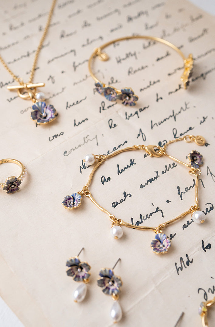 Gold enamel pansy jewellery