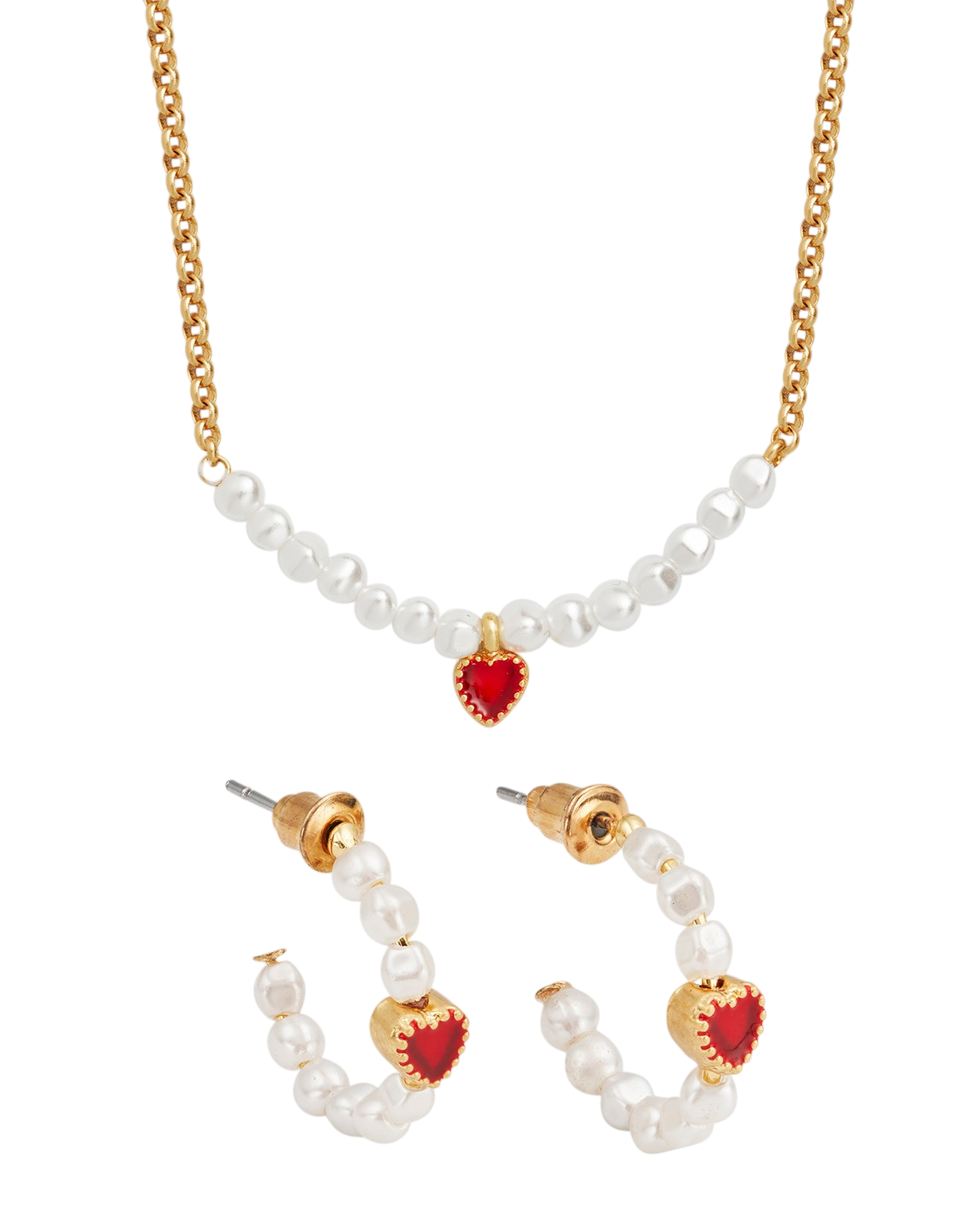 Jewelry set with pearl necklace, earrings, and heart-shaped charms on a white background