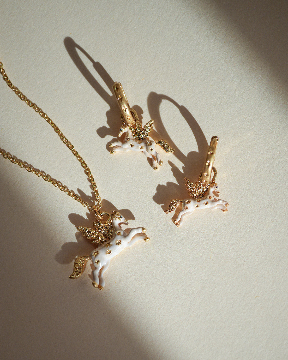 Gold Pegasus Necklace & Huggie Earrings Set
