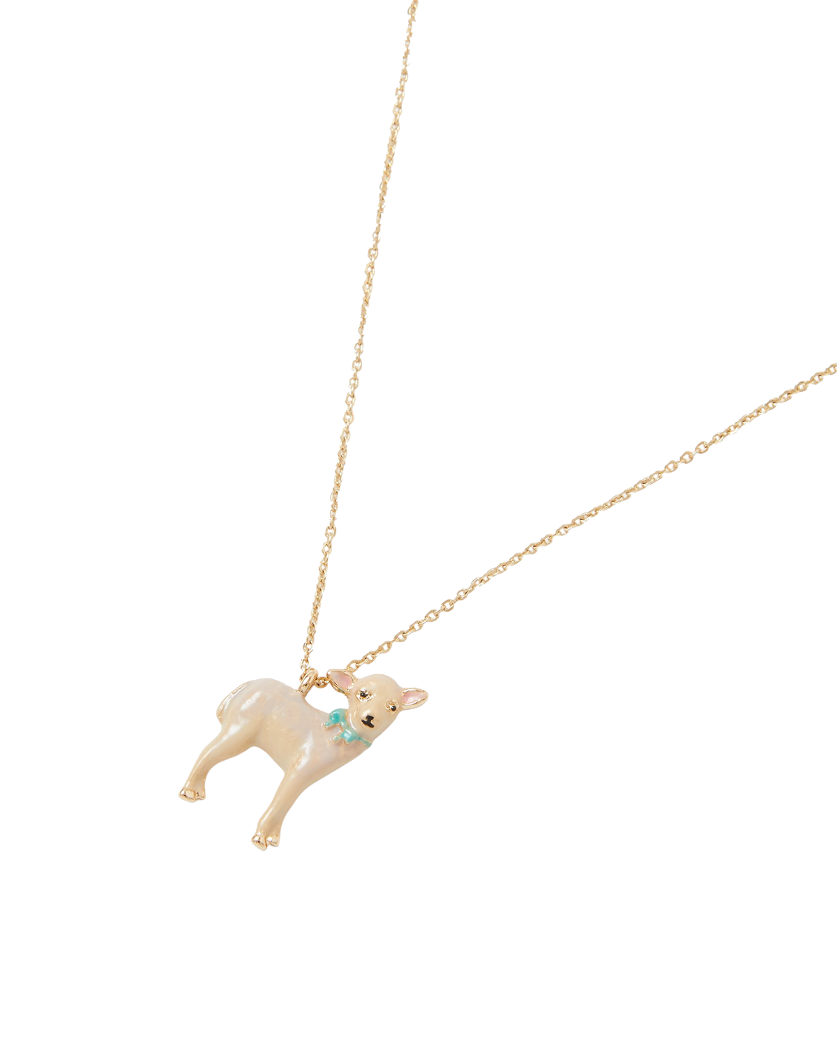 Lamb pendant on a gold chain against a white background