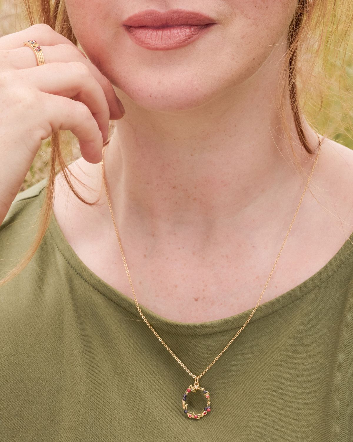 Model wearing the Orla Hedgerow Necklace and Orla Hedgerow Ring in Gold