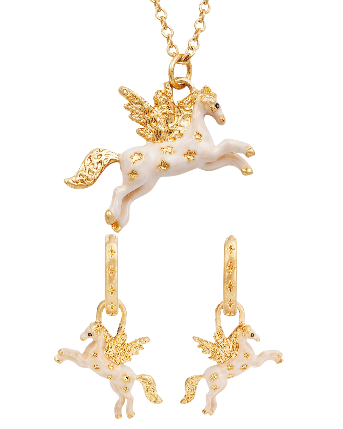 Gold and white pegasus necklace and earrings on a white background