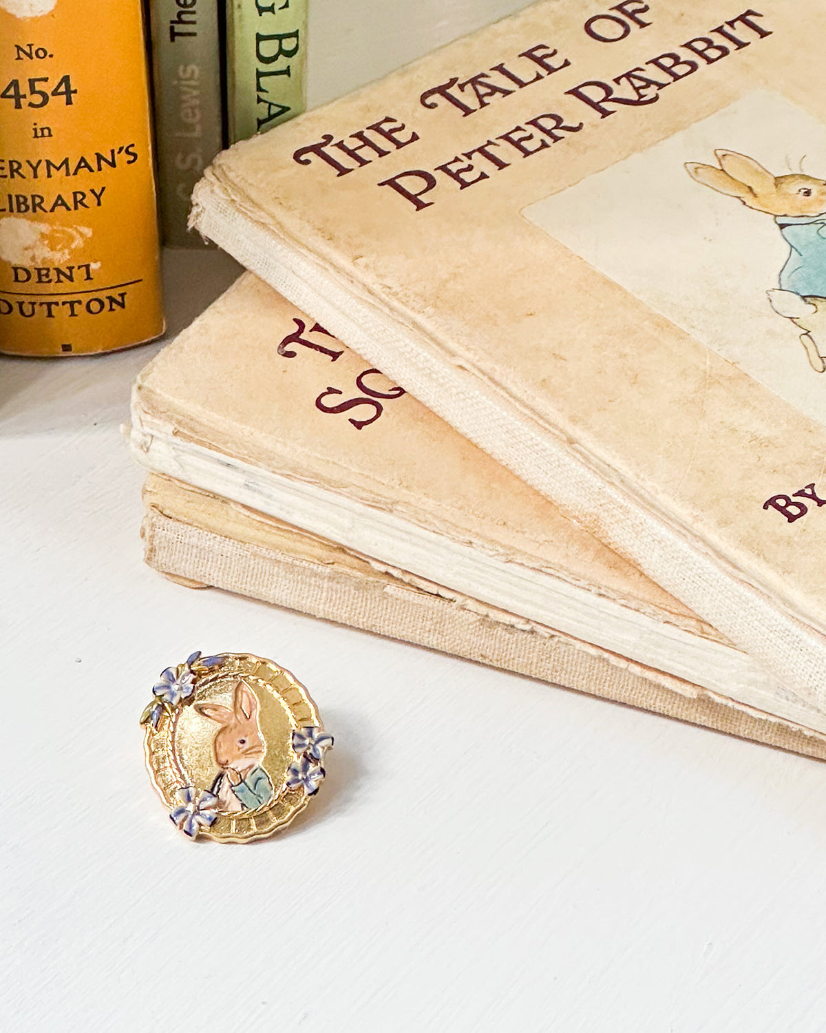 Vintage book with 'The Tale of Peter Rabbit' and a decorative cameo brooch featuring a rabbit design.