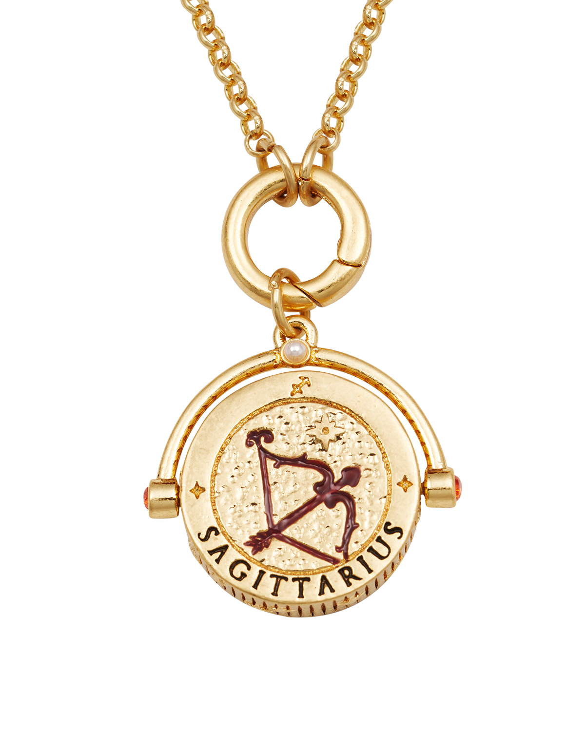 Gold Sagittarius zodiac pendant necklace on a white background