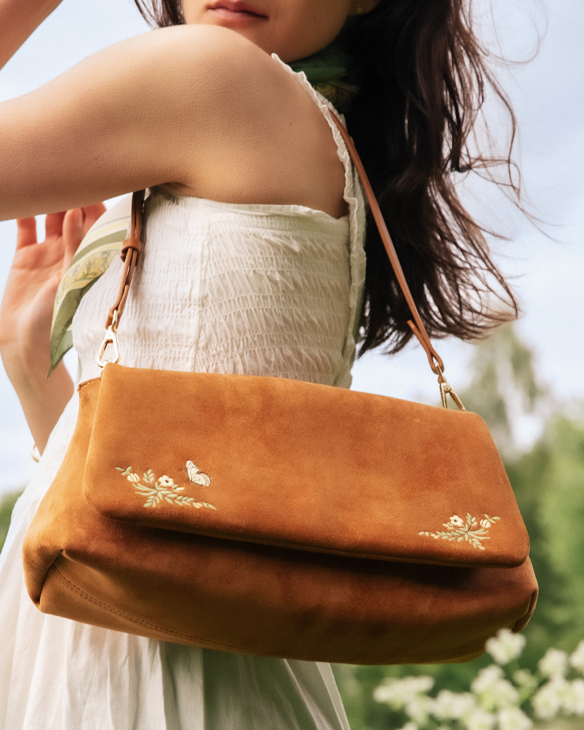 Tan Floral Embroidered Shoulder Bag