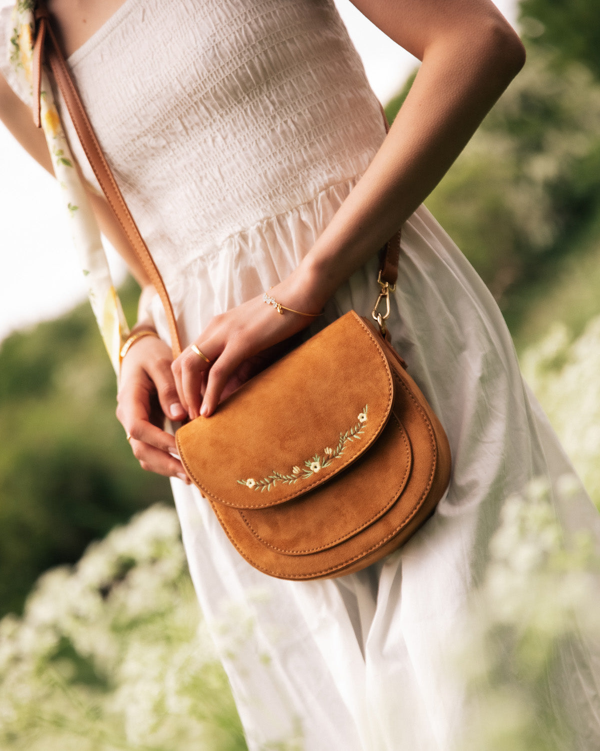 Tan Floral Faux Suede Embroidered Saddle Bag