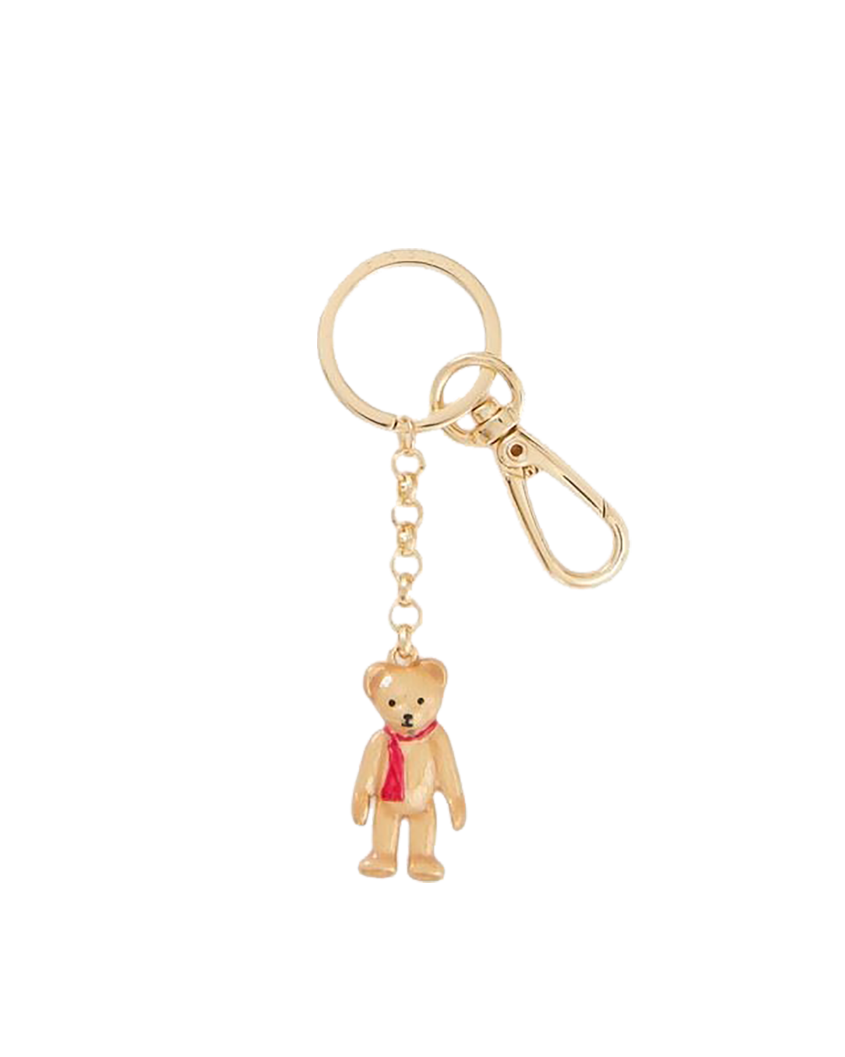 Gold teddy bear keychain with a red scarf on a white background
