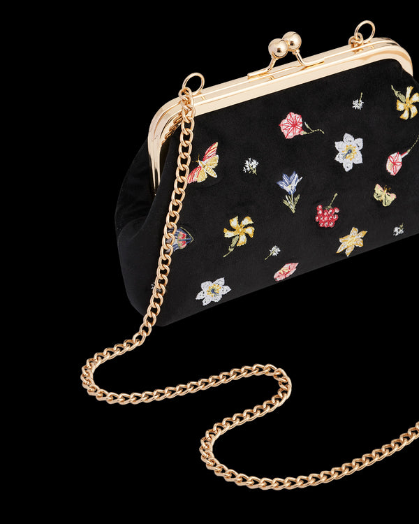 Floral Ditsy Embroidered Black Velvet Clutch Bag