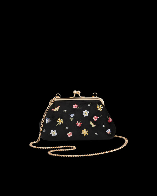 Floral Ditsy Embroidered Black Velvet Clutch Bag
