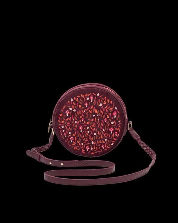 Magical Mushroom Embroidered Burgundy Velvet Circle Bag