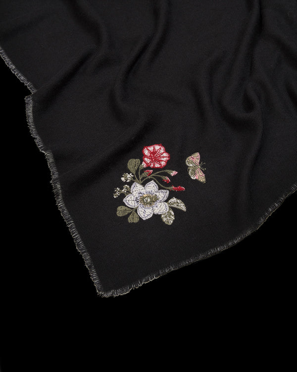 Floral Embroidered Black Pashmina Scarf