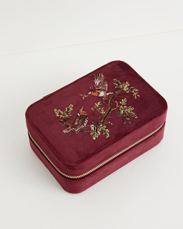 Robin Love Embroidered Large Jewellery Box Redcurrant Velvet