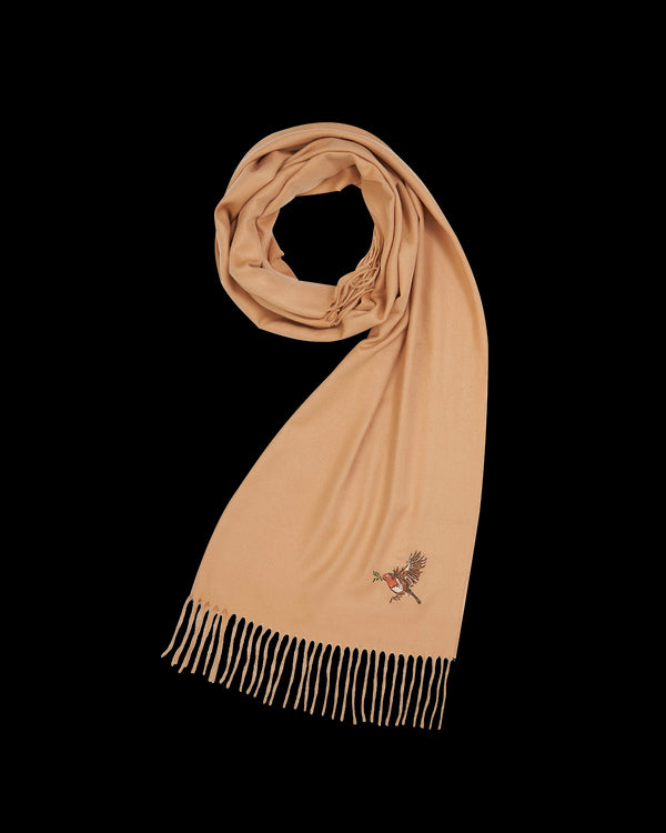 Robin Embroidered Cosy Camel Scarf