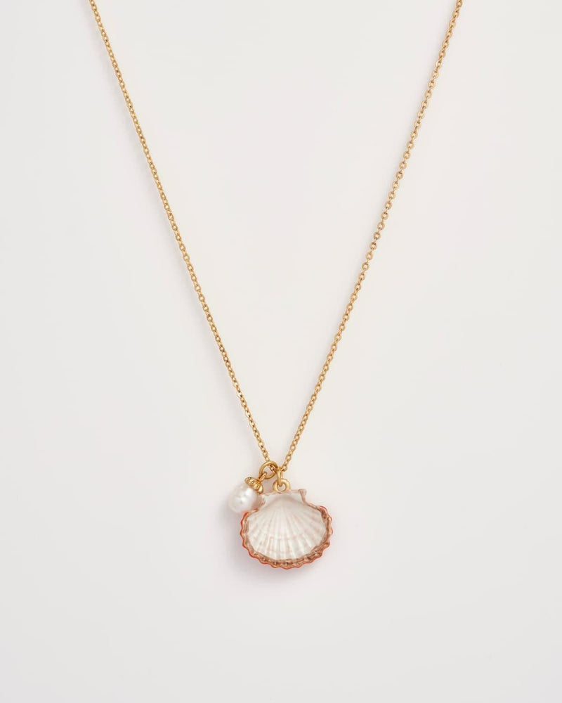 Clam Shell and Pearl Worn Gold Short Necklace by Fable England