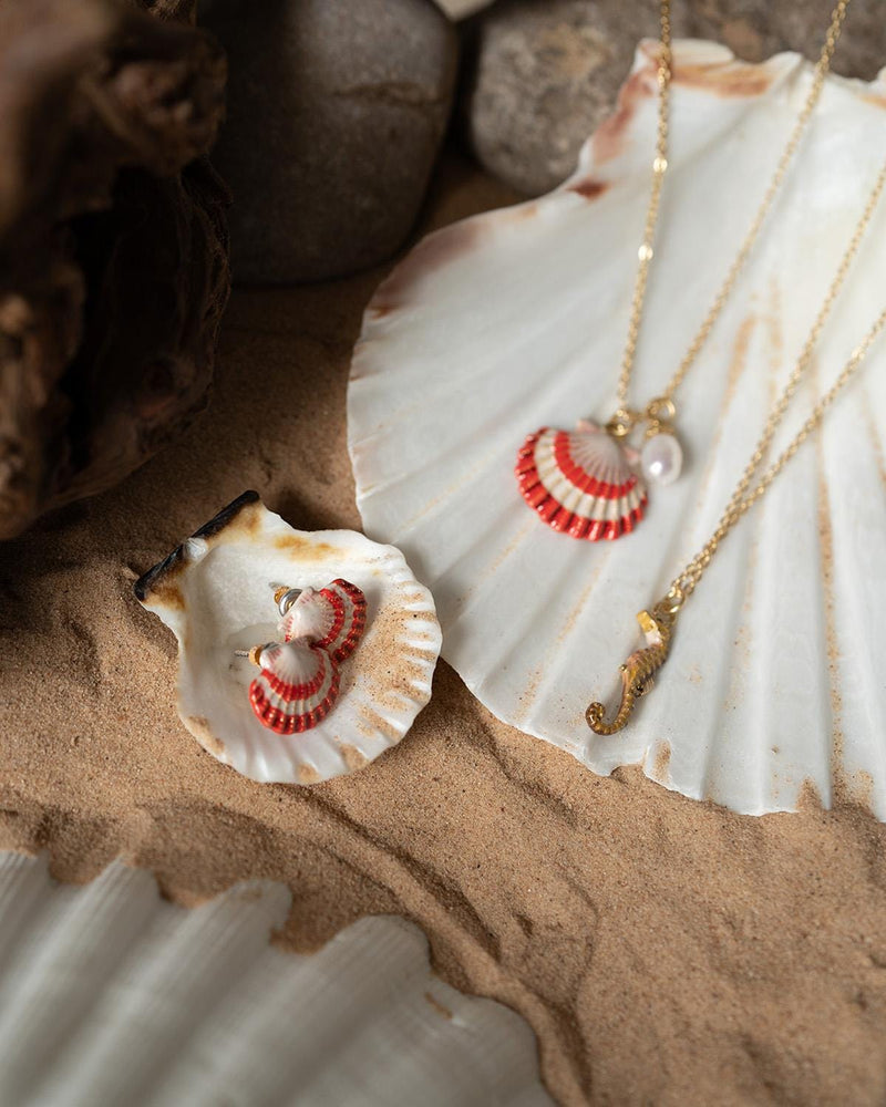 Clam Shell and Pearl Worn Gold Short Necklace by Fable England