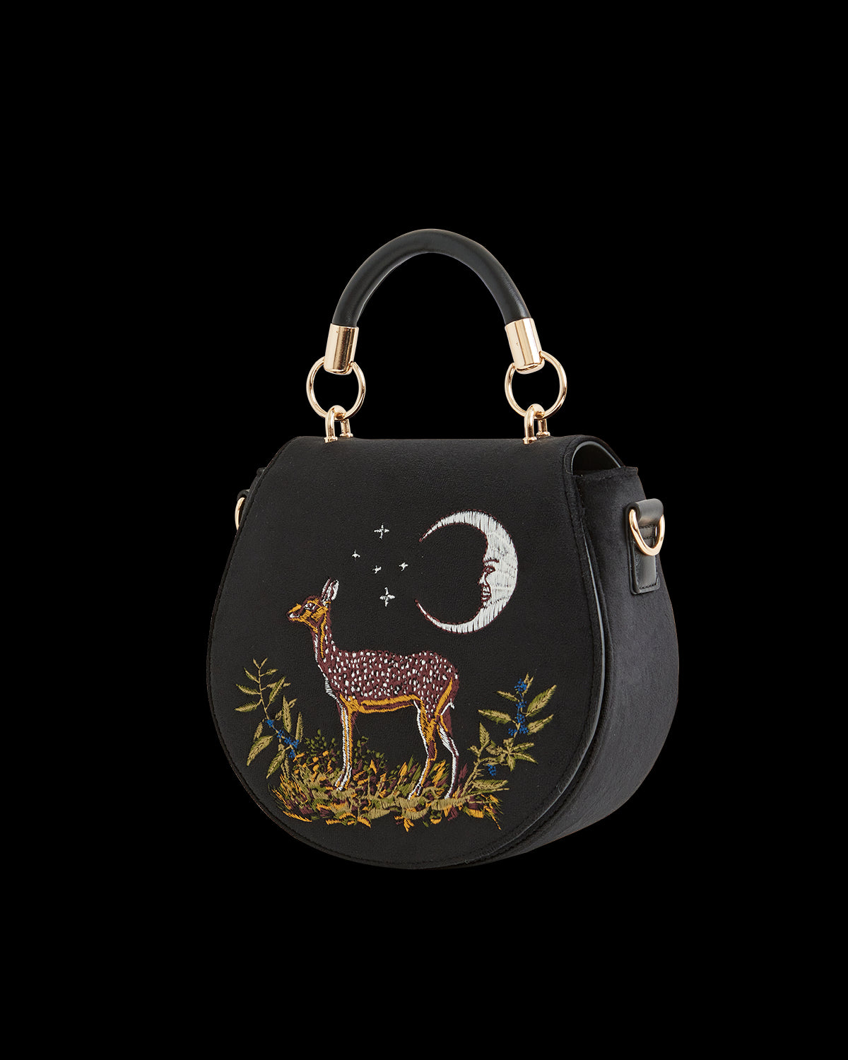 Deer & Moon Embroidered Saddle Bag Black Velvet