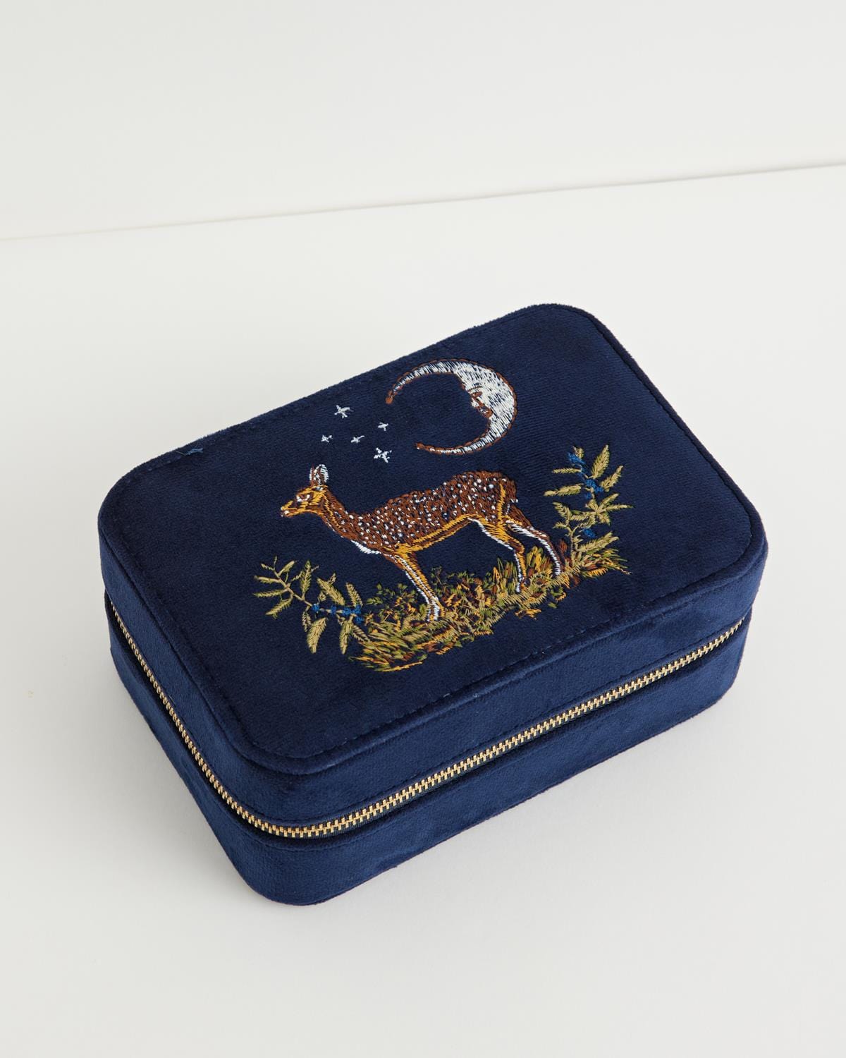 Deer & Moon Embroidered Large Jewellery Box Blueberry Velvet by Fable England