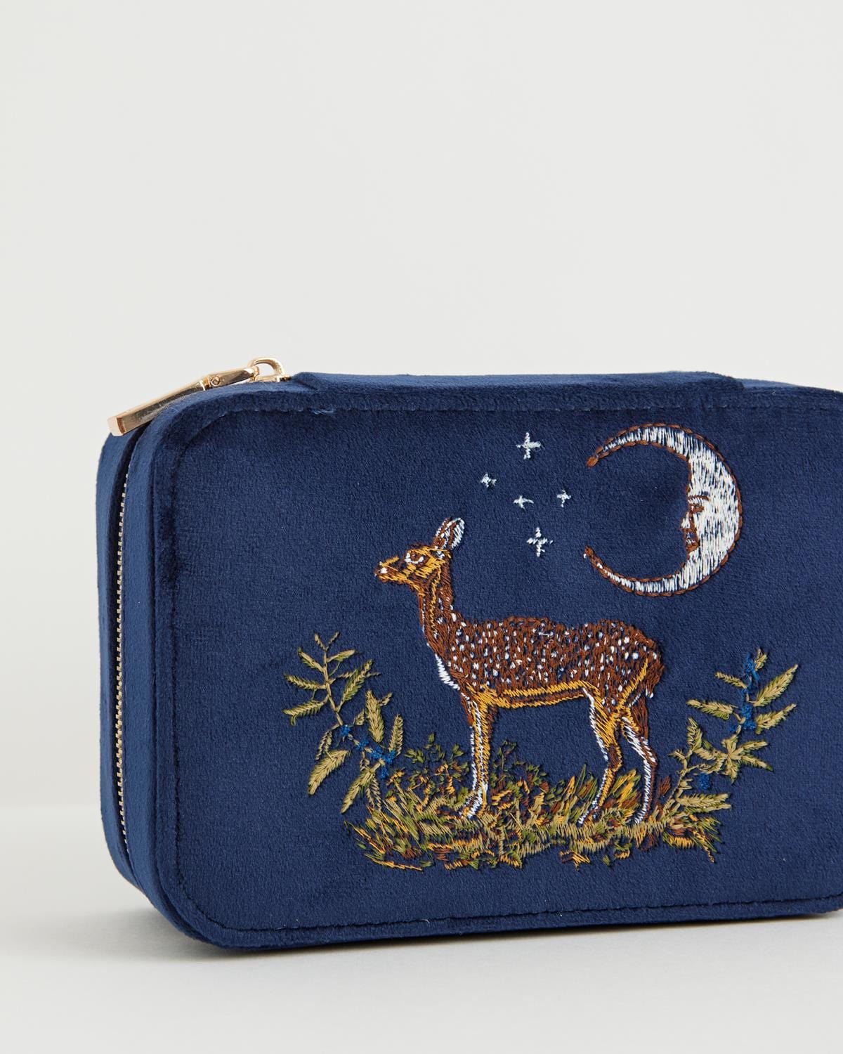 Deer & Moon Embroidered Large Jewellery Box Blueberry Velvet by Fable England