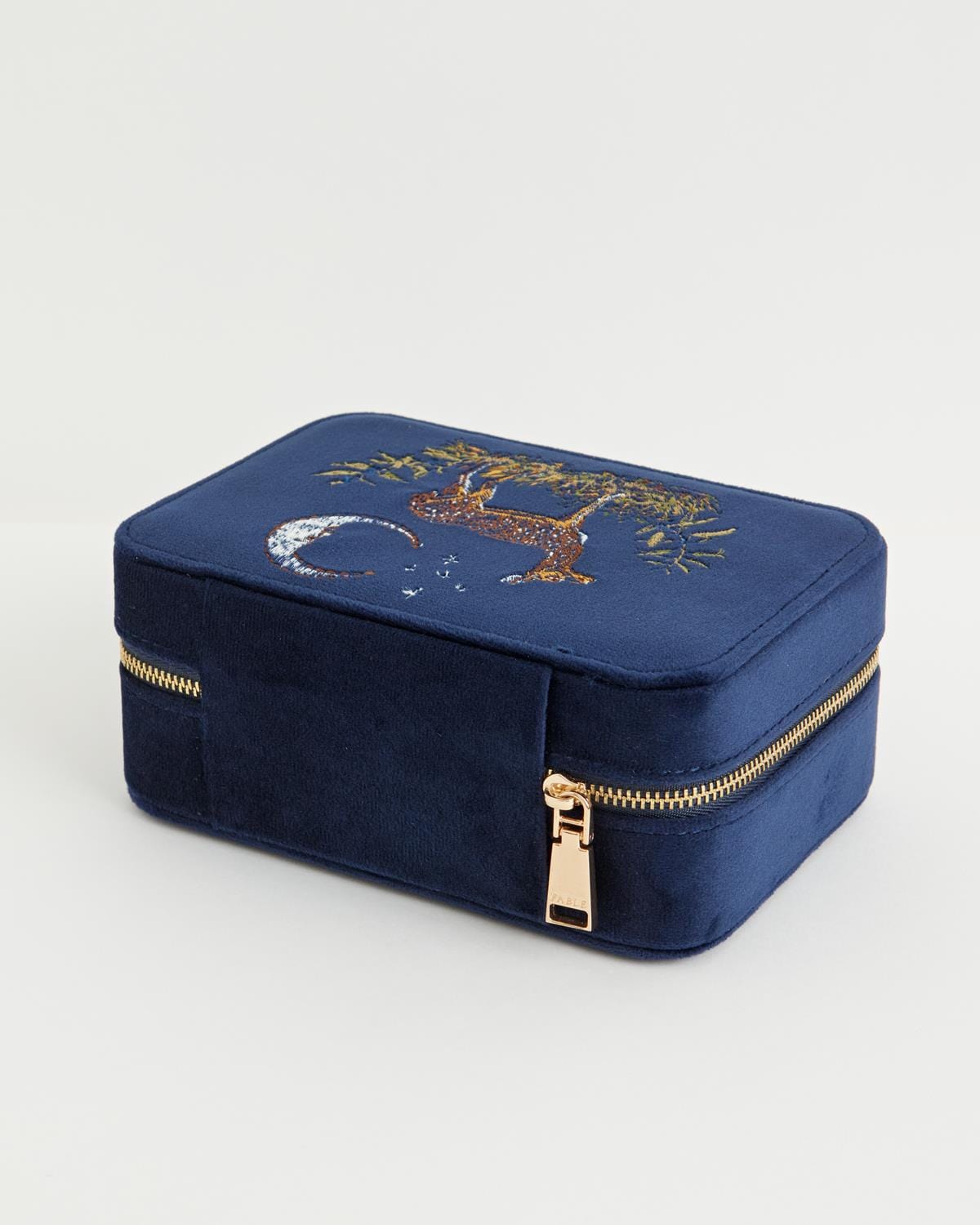 Deer & Moon Embroidered Large Jewellery Box Blueberry Velvet by Fable England
