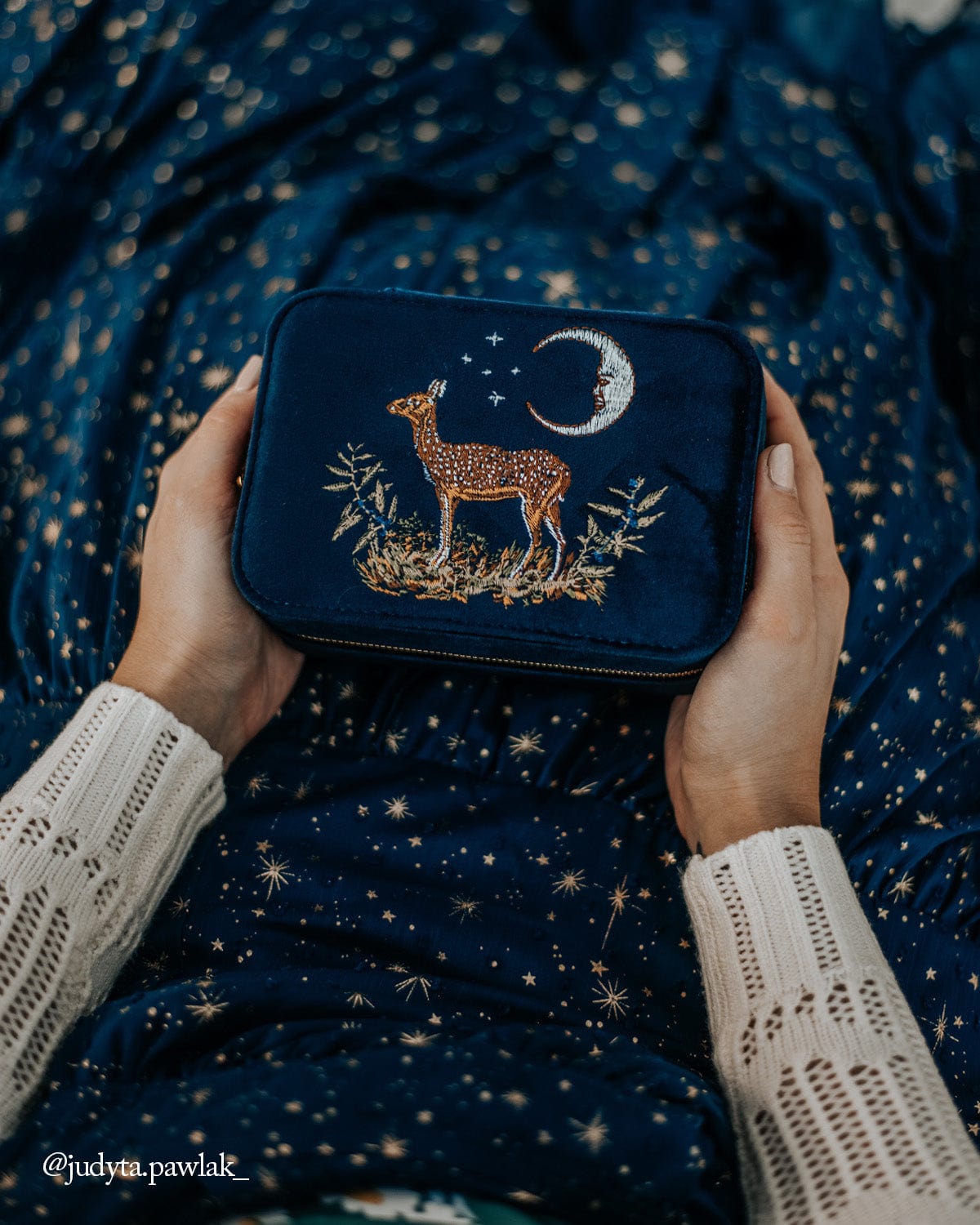 Deer & Moon Embroidered Large Jewellery Box Blueberry Velvet by Fable England