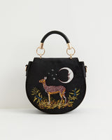 Deer & Moon Velvet Embroidered Saddle Bag - Black by Fable England