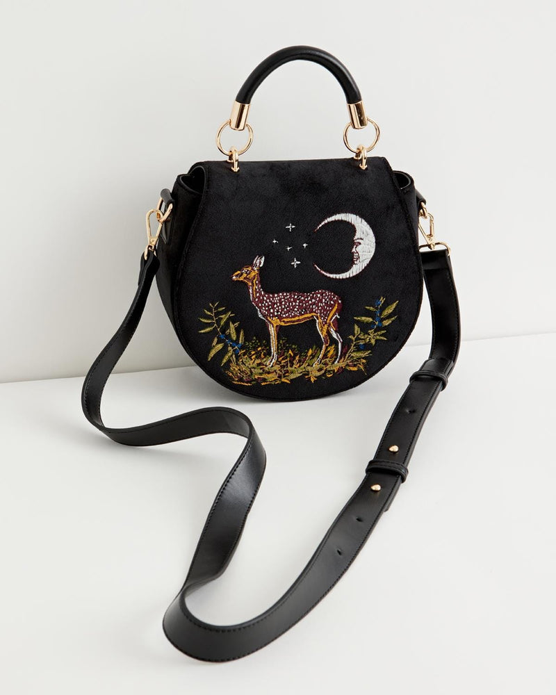 Deer & Moon Velvet Embroidered Saddle Bag - Black by Fable England